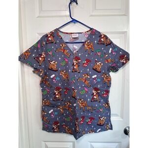 Women's Christmas Rudolph Scrub Top Holiday Size Medium